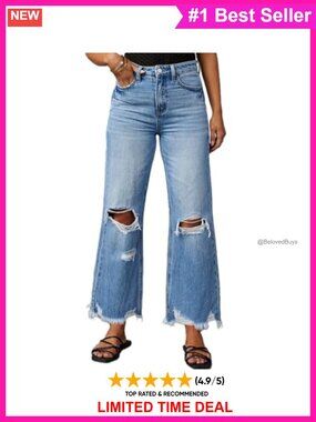 Women's Ripped High-Rise Bell Bottom Jeans Distressed Raw Edge Hem Wide Leg